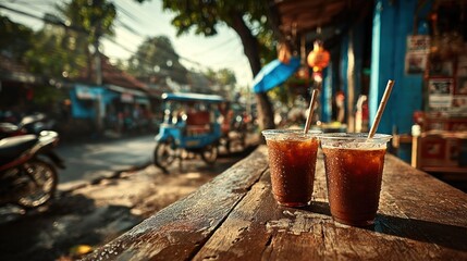 Naklejka premium Iced coffee cups on a wooden table, street view