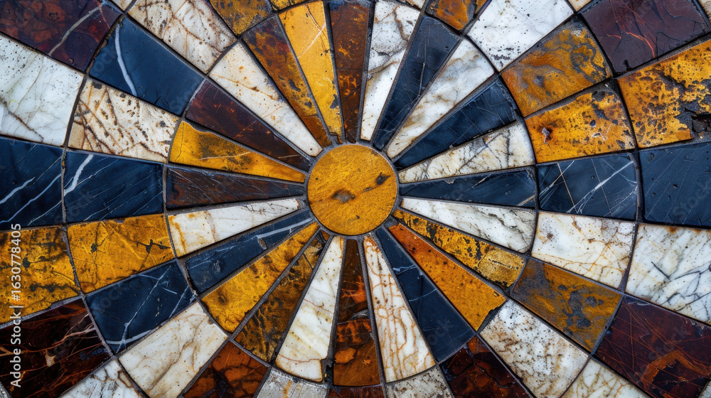 Poster intricate tile design featuring circular pattern with alternating segments of brown, black, and whit