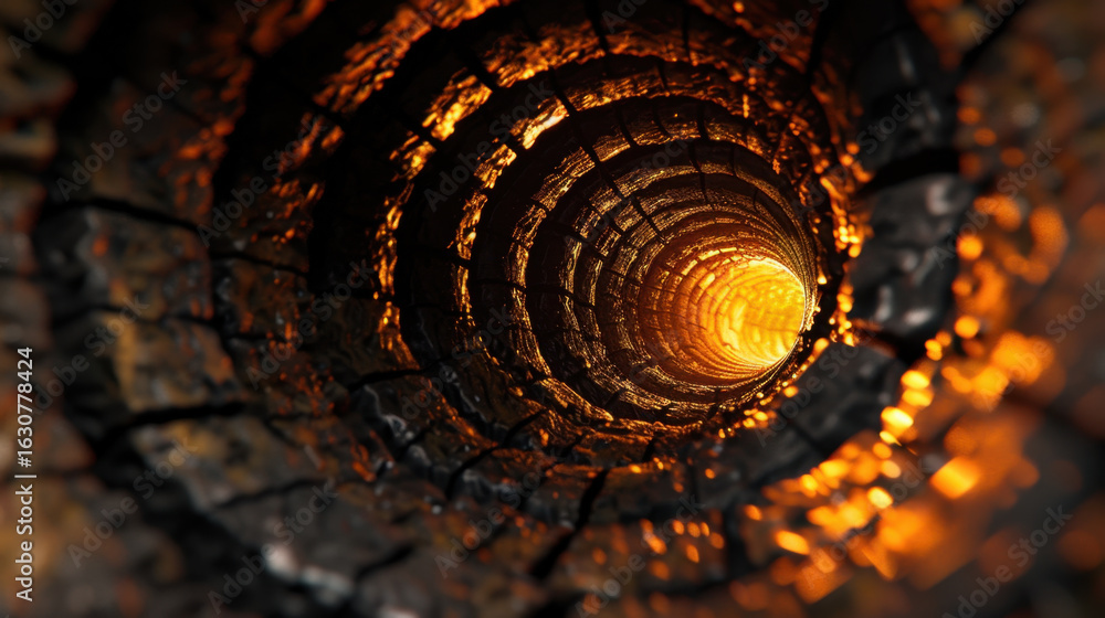 Poster mesmerizing tunnel visual with glowing orange light at end, showcasing intricate textures and patter