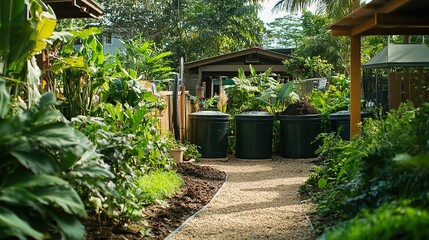 Fototapeta premium A vibrant garden path lined with lush greenery, leading to several compost bins, showcasing an eco-friendly space.