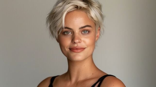 Short, tousled pixie bob hairstyle with texture and lift, showcasing confident expression. model has fair skin and natural makeup look, emphasizing her features beautifully