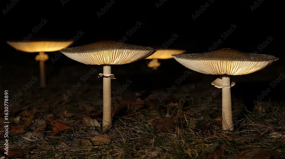 Poster illuminated mushrooms with glowing caps stand in a dark forest, showcasing their unique shapes and t
