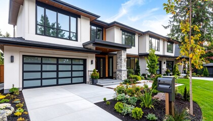 A row of modern upscale American townhouses in a peaceful suburban neighborhood, showcasing elegant architecture, manicured lawns, and a clean, luxurious atmosphere under a bright blue sky
