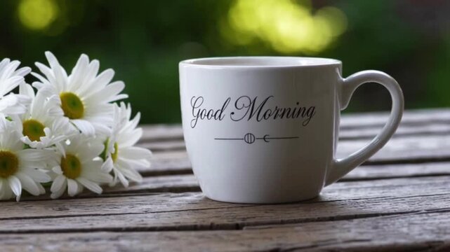 White coffee or tea mug with &ldquo;Good Morning&rdquo; text and hot steam rises and white daises flowers on a rustic wooden table on a blurred nature background,4K
