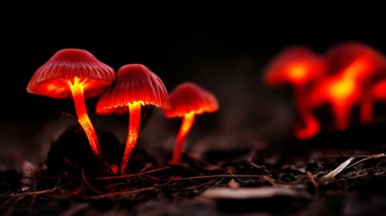 Glowing red mushrooms emerge from dark soil, illuminating the forest floor with their bioluminescent light, creating a mystical and enchanting atmosphere in nature's hidden wonders