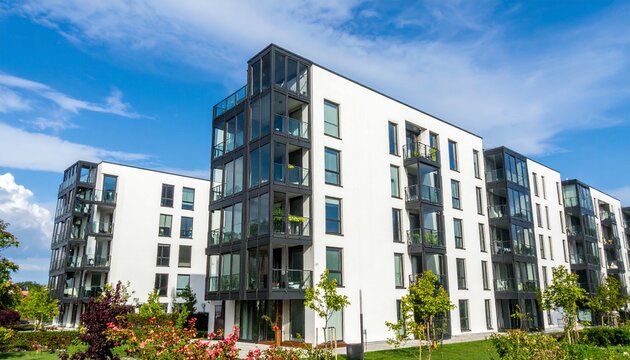 A modern white American condo building stands tall against a clear blue sky, showcasing sleek minimalist architecture, large glass windows, and stylish balconies in a vibrant urban neighborhood