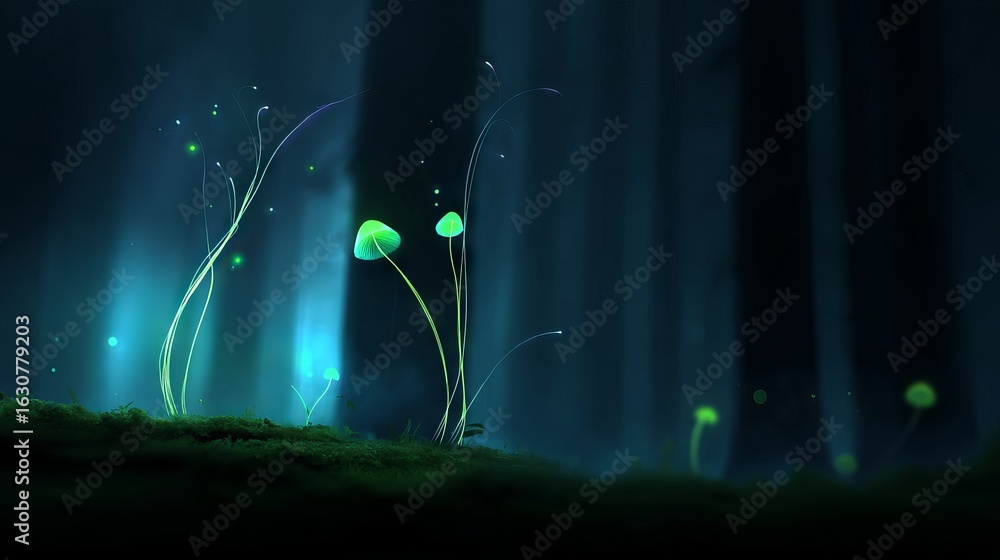 Poster enchanted forest scene featuring glowing mushrooms and ethereal light, surrounded by dark trees and 
