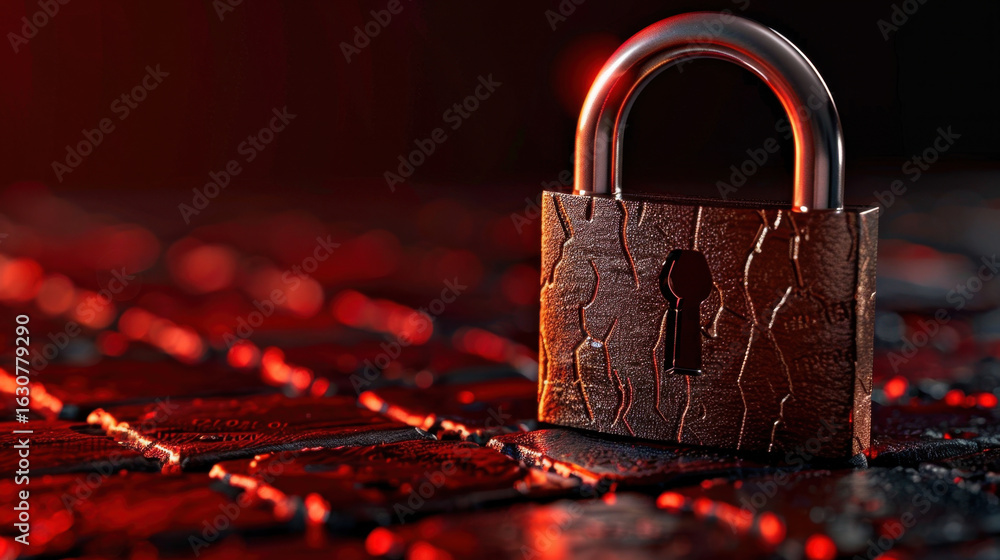Poster close up view of metallic padlock resting textured surface, illuminated by dramatic red lighting, cr