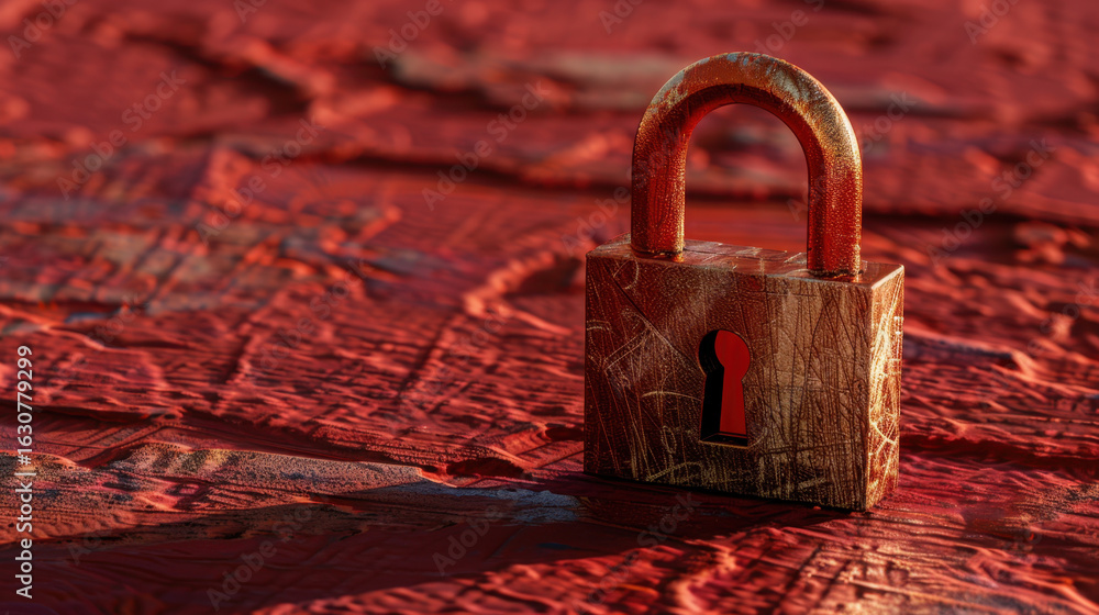 Poster rusty padlock sits on textured red surface, symbolizing security and protection. worn appearance of 