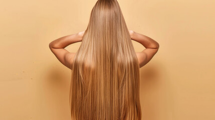 Naklejka premium Long straight hair with middle part showcases smooth and shiny texture, creating stunning visual effect against warm background. hair flows elegantly down back, exuding sense of beauty