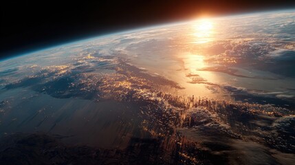 Top down Satellite view Majestic sunset over Earth viewed from satellite casting golden hues across vast oceans and landmasses