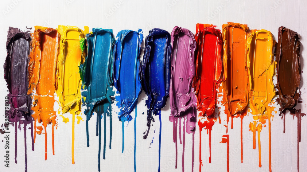 Poster vivid brush strokes spectrum of colors create striking visual white canvas, showcasing artistic expr