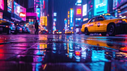 Obraz premium A vibrant city scene at night with reflections on wet streets, neon lights illuminating the surroundings, and a yellow taxi driving by.