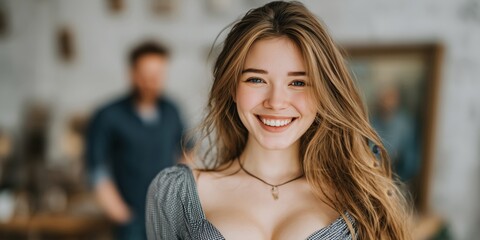 Cheerful young woman with open shoulders, long hair, and a warm smile in a cozy indoor setting.