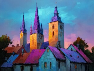 Vibrant sunset painting of Wroclaw's towers and rooftops, showcasing colorful artistic style.