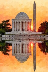 Artistic oil painting of Washington Monument at sunset, reflecting in water with vibrant colors.