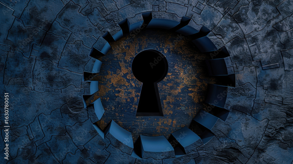 Poster detailed keyhole embedded in textured, dark surface, showcasing intricate patterns and sense of myst