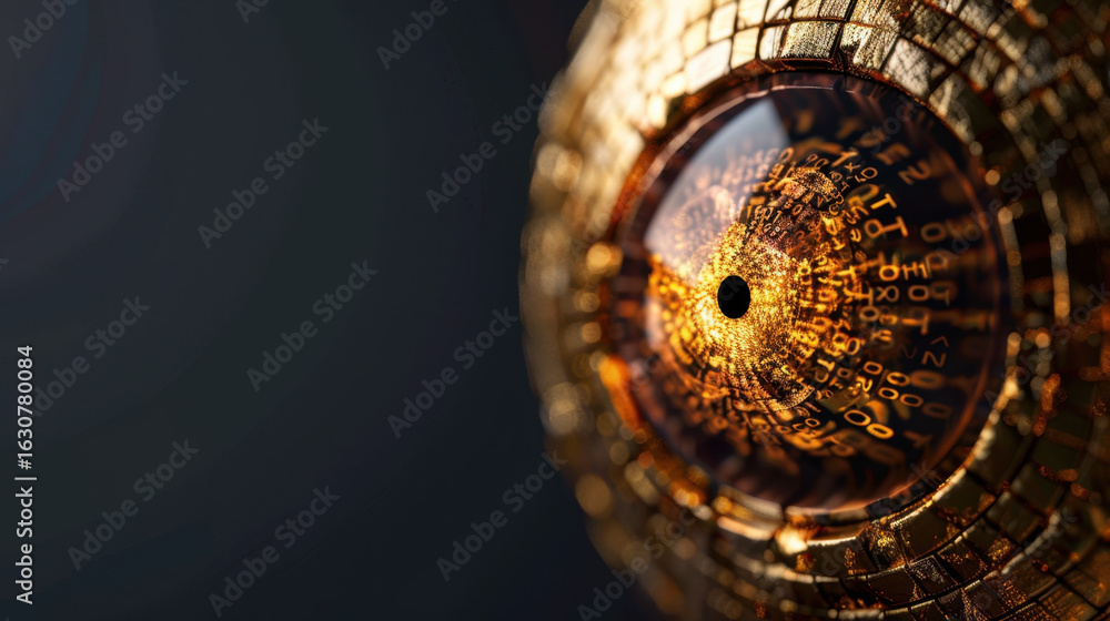Poster close up view of futuristic eye design featuring intricate patterns and glowing golden elements, sym