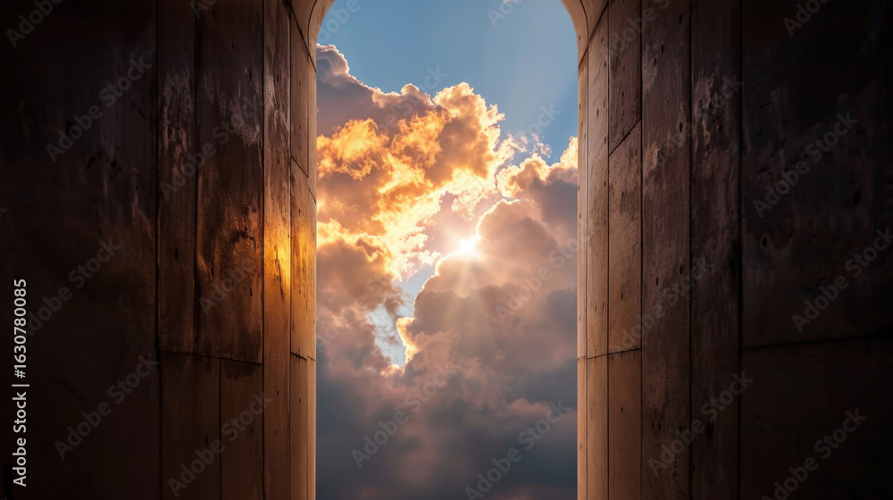 Poster stunning view of clouds illuminated by sunlight through archway, creating dramatic and serene atmosp