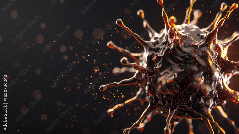 Poster detailed representation of virus particle, showcasing its intricate structure and surface features, 