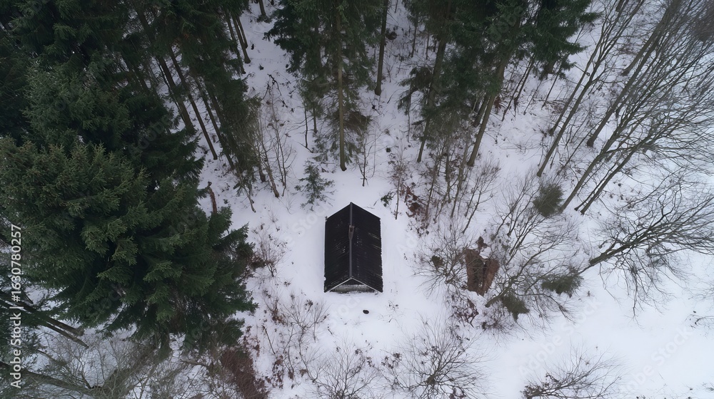 Poster aerial view of a small cabin surrounded by dense evergreen trees and a blanket of snow, creating a s
