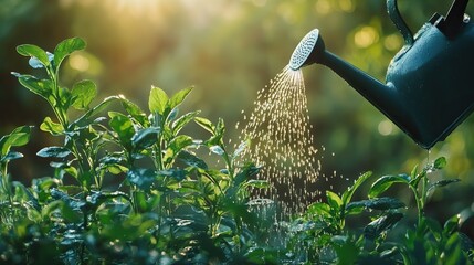 A watering can sprinkles water on lush green plants, capturing the warmth of sunlight in a serene garden setting.