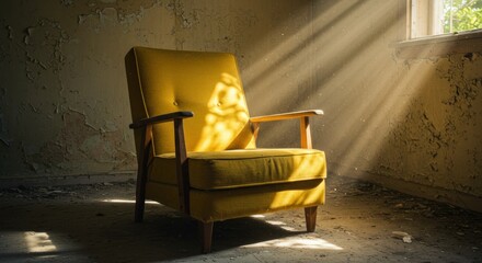 Sunlit antique yellow chair in abandoned room