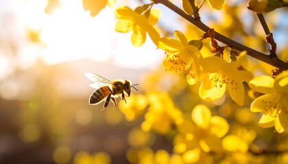 Honeybee on bright yellow flowers