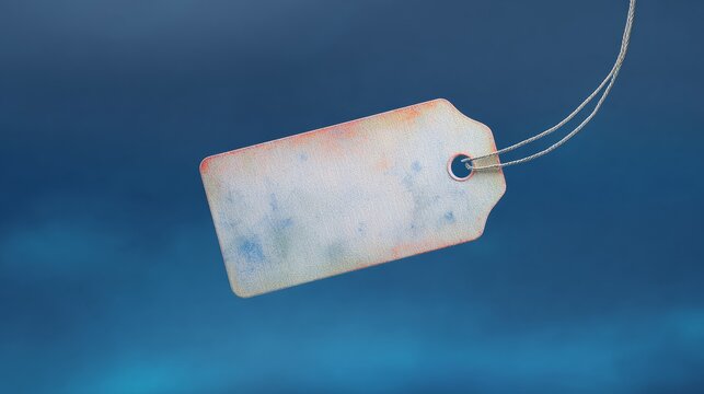 Vintage paper tag floating in blue space with abstract texture, minimalist design concept.

