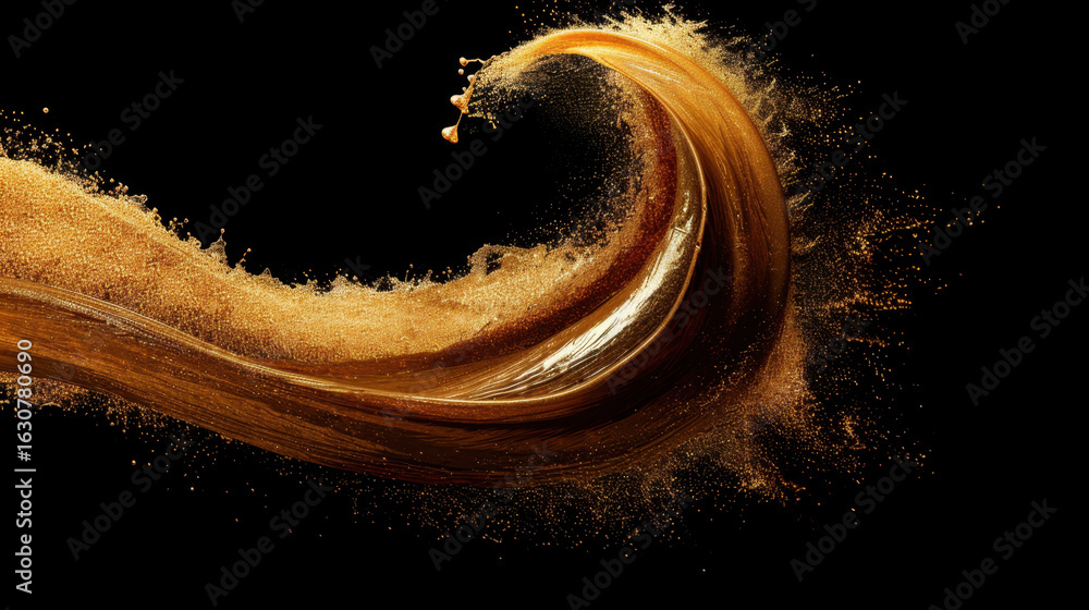 Aufkleber dynamic wave of golden glittering dust swirls gracefully against black background, creating abstract