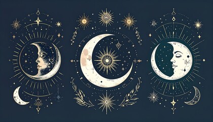 Celestial artwork featuring three crescent moons, each with a face, adorned with stars and sunbursts