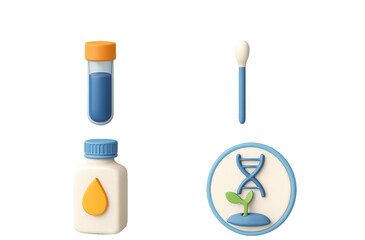 Illustration showing test tube, bottle, swab, and dna sprout in a circle design