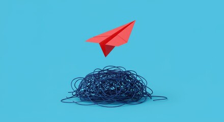 A red paper airplane successfully launches from a tangled mess of string, symbolizing innovation, breakthrough, and finding a solution to complex problems.