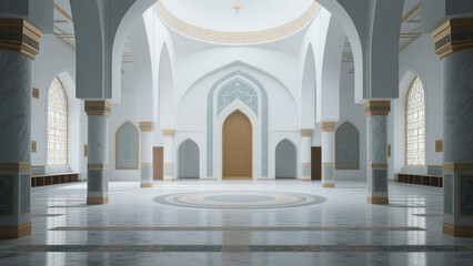 Fototapeta premium Elegant interior of a modern mosque with white marble columns, arched windows, and intricate Islamic patterns in a serene atmosphere.