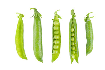Set, collection of open green pea pod with individual peas scattered around in different position, isolated on white, transparent background. Food design element, healthy food, organic legume, crop