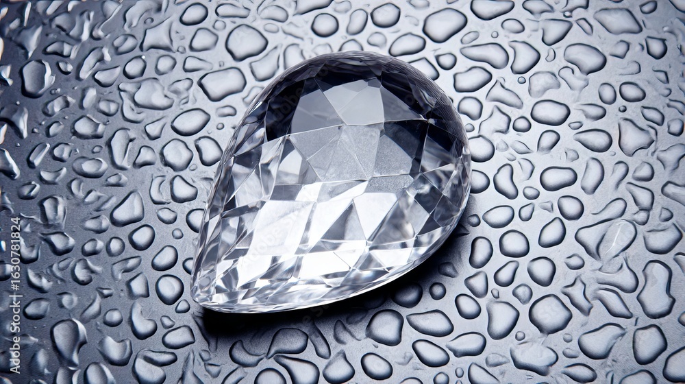 Poster clear teardrop-shaped diamond resting on a textured surface covered in water droplets, reflecting li