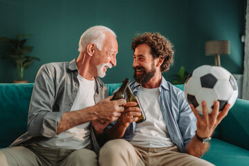 Naklejka na ściany i meble Father and son celebrating with beer bottles on sofa at home