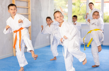 Young karate students gather in dojo to practice their kicks and punches under the watchful eye of their sensei.