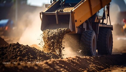 Dump truck unloading sand onto roadbed