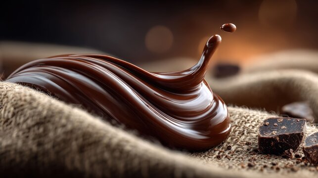 Melted chocolate splash on burlap