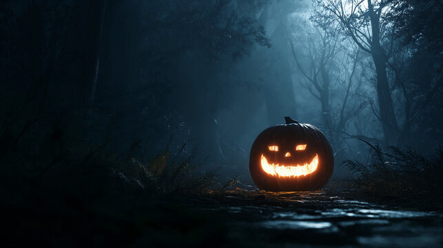 Jack O&rsquo;Lantern glowing in dark forest - Halloween pumpkin &ndash; Halloween horror