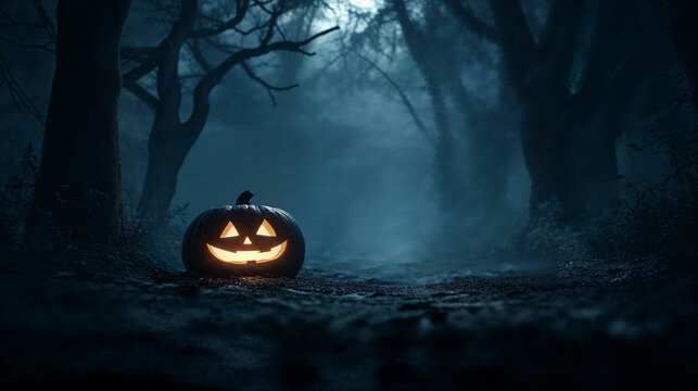 Jack O&rsquo;Lantern glowing in dark forest - Halloween pumpkin &ndash; Halloween horror