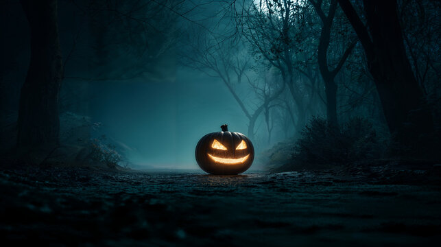 Jack O&rsquo;Lantern glowing in dark forest - Halloween pumpkin &ndash; Halloween horror