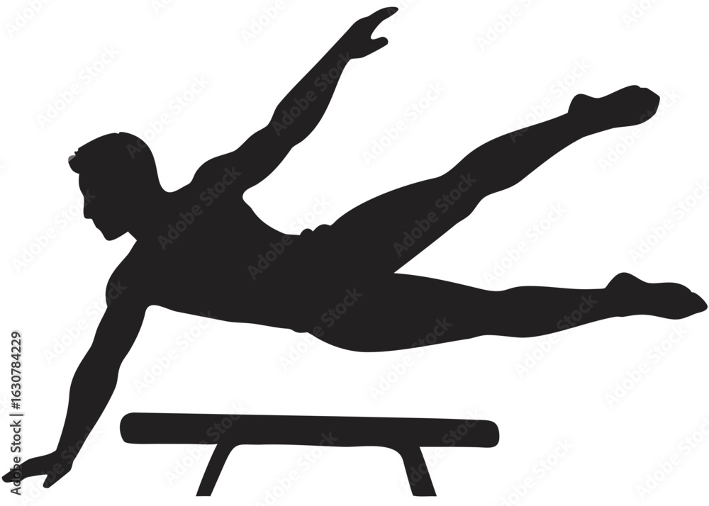 Poster silhouette of a male gymnast performing a horizontal split on a balance beam in a dynamic pose creat