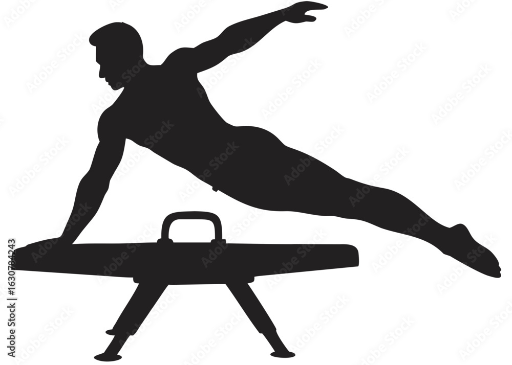 Poster silhouette of a gymnast performing a difficult move on a pommel horse in a focused artistic style cr