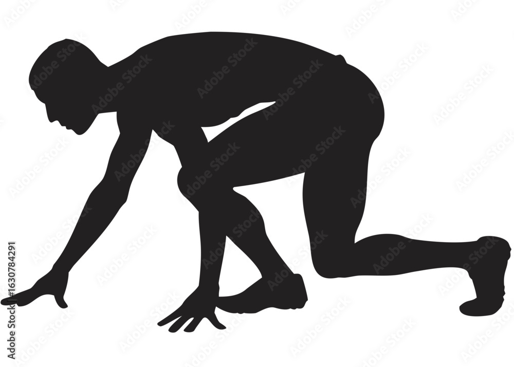Poster silhouette of a runner in starting position ready to sprint on a white background isolated vector im