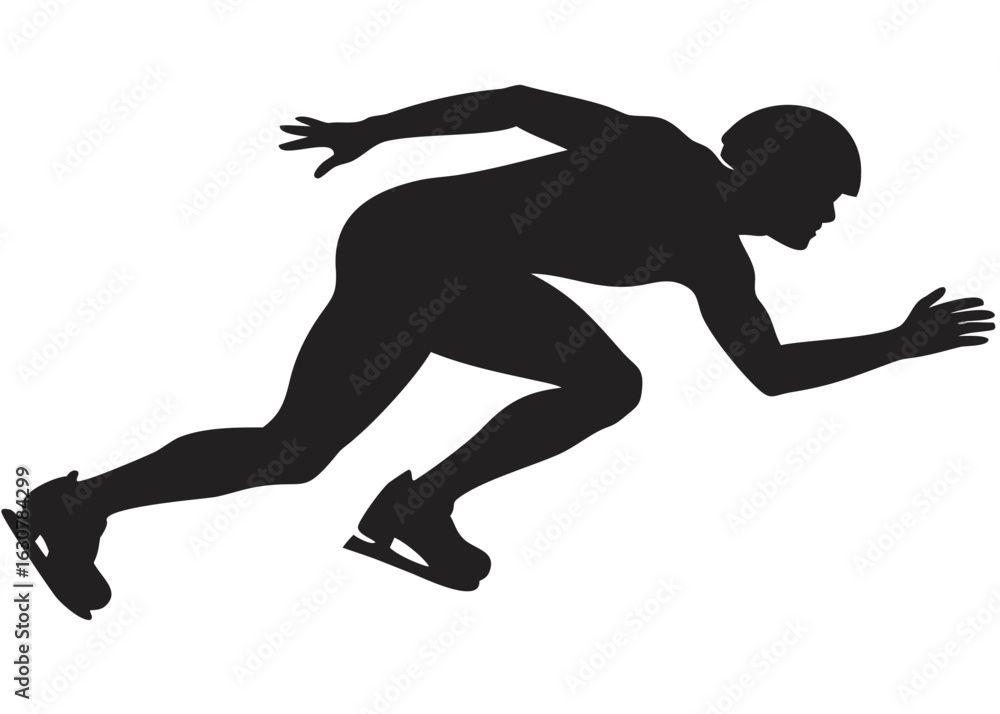 Poster silhouette of a speed skater in motion with helmet and skates in a dynamic racing position on white 