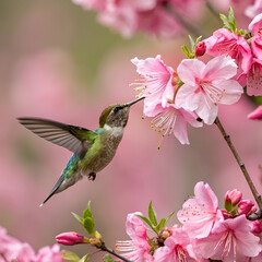 Fototapeta premium hummingbird feeding on pink blossoms ask