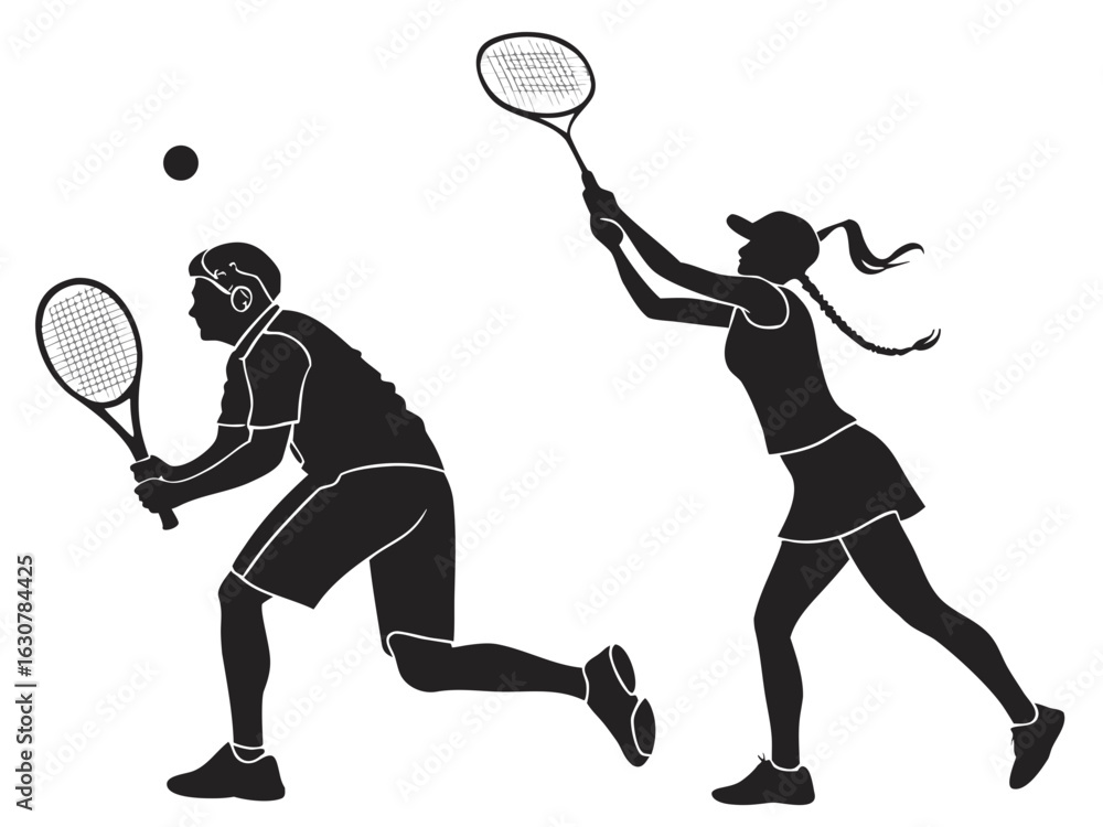 Poster silhouette of a man and woman playing tennis with rackets and a ball in a dynamic action pose on whi