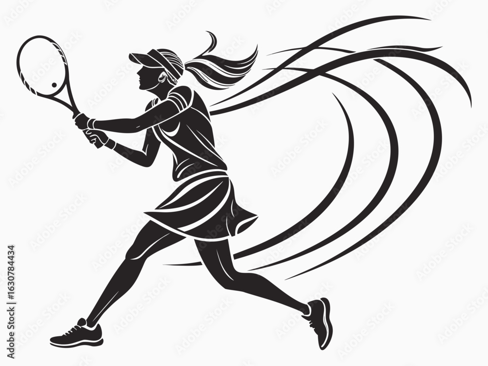 Poster silhouette of a female tennis player in action with a visor and dynamic motion lines behind her figu